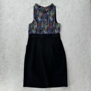 Shoshanna‎ Sheath Dress 8 Silk Blend Sleeveless Ruffle Neck Keyhole Back Pockets